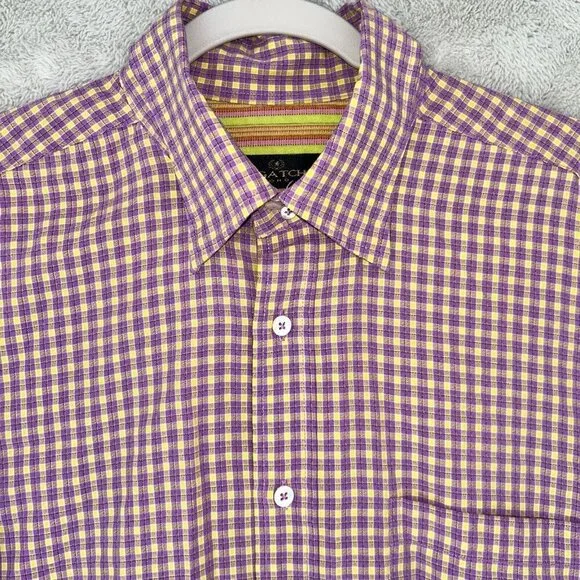 Bugatchi Uomo Long sleeve Purple Yellow Checked Button Up Bright Stripes Large - Picture 7 of 10